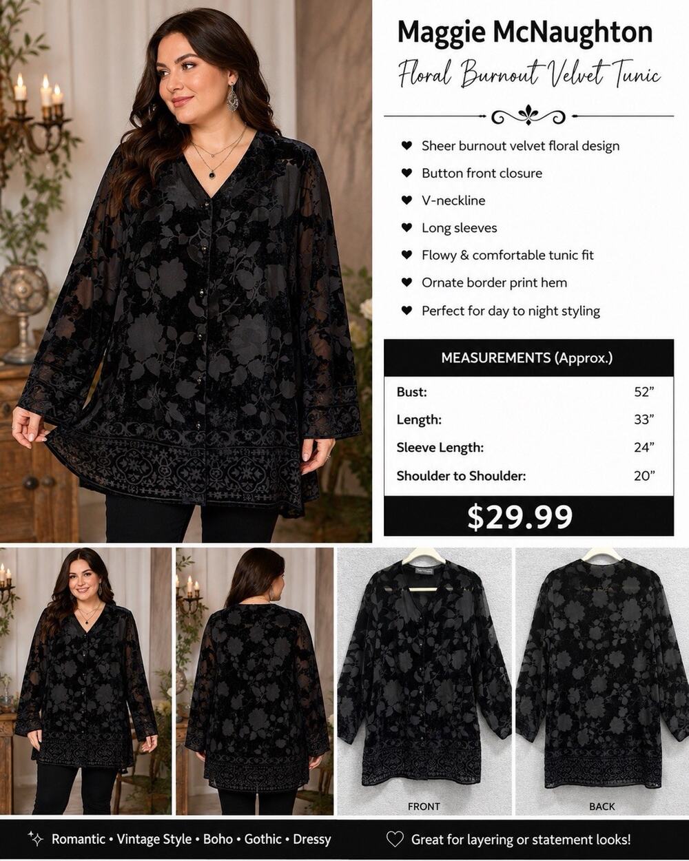 Maggie McNaughton Black Burnout Velvet Floral Tunic Blouse Sheer Button Front 1X